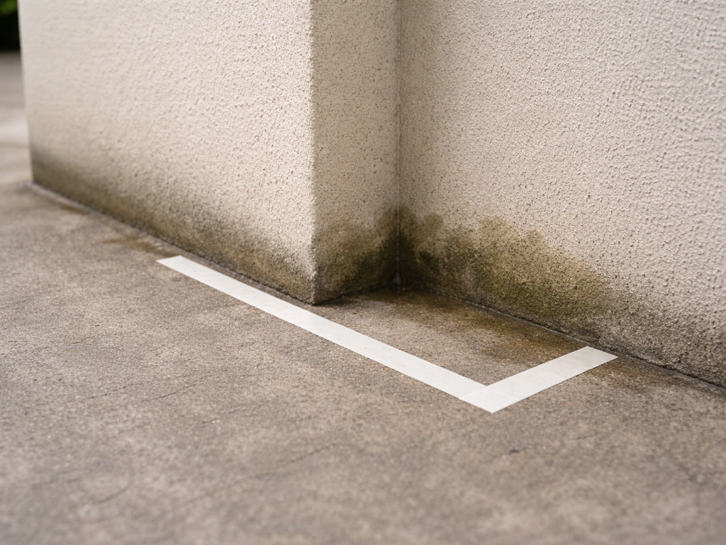 Coin de mur près d’une terrasse avec ruban au sol indiquant une zone à nettoyer, en extérieur au naturel