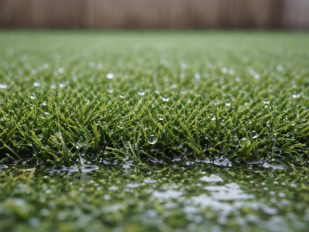 Gazon synthétique après une pluie, gouttes et ruissellement entre les fibres, effet d’humidité visible.