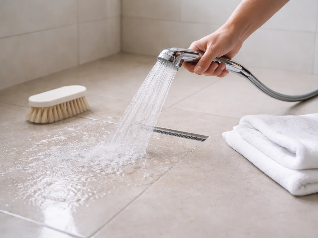 Mains anonymes rinçant une zone carrelée avec un jet d’eau, puis séchage avec une serviette.