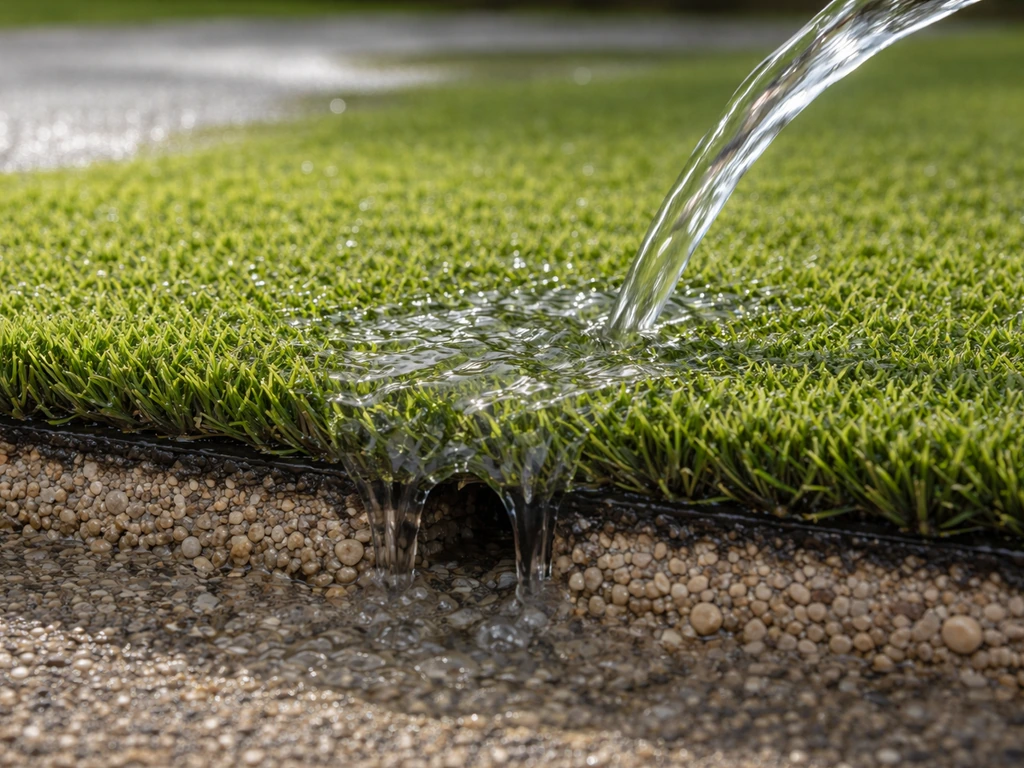 Un jet d’eau sur une pelouse synthétique s’infiltre et s’écoule correctement vers le drainage.