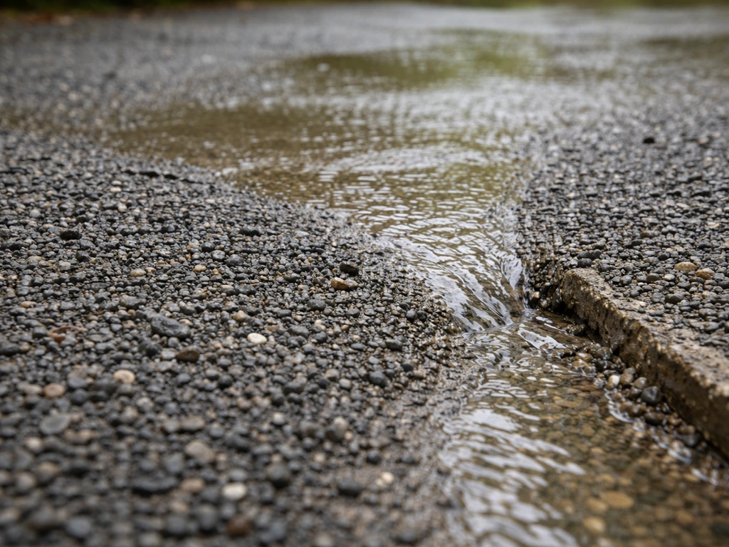 Gravier qui laisse l’eau s’écouler vers une évacuation, illustrant une pose de pelouse synthétique sur pente