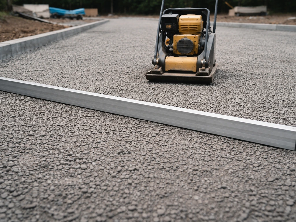 Chantier : compactage du gravier pour obtenir une surface plane, avec règle de niveau et compacteur.