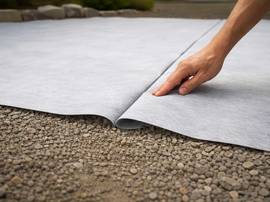 Pose d’un géotextile sur un lit de gravier, chevauchement visible, gravier propre et bien aligné.