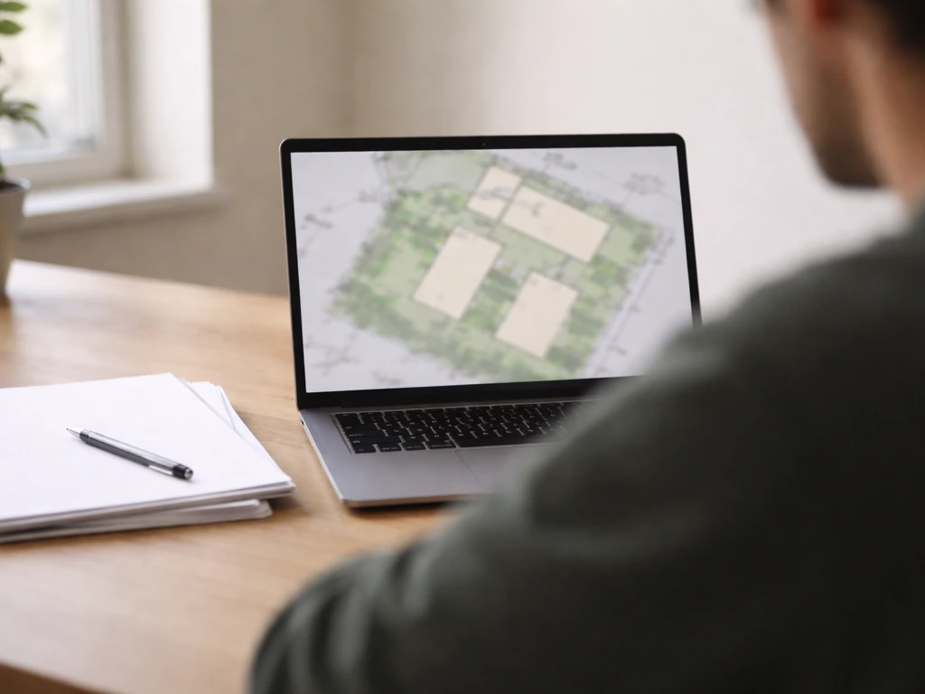 Photo réaliste d’un ordinateur montrant un PLU flou, avec une zone d’implantation de parcelle en arrière-plan.