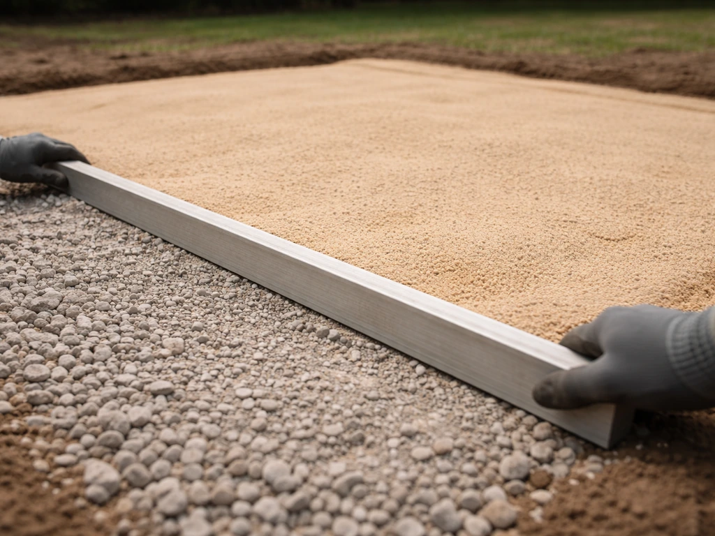 Gravier puis sable nivelé pour un lit drainant, prêt à recevoir un gazon synthétique.
