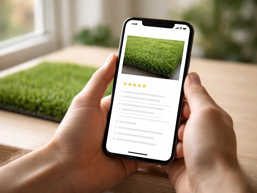 Mains anonymes consultant sur smartphone une fiche produit avec une zone d’avis clients, près d’un morceau de gazon synt