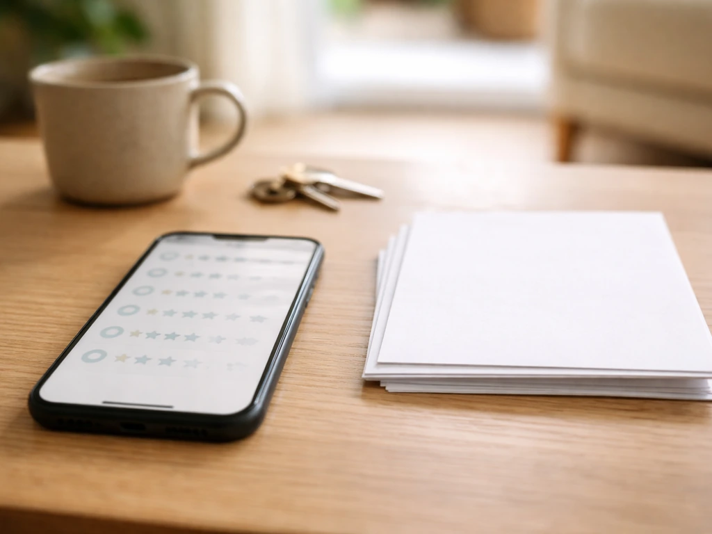 Smartphone sur une table montrant une interface d’avis floutée, pour illustrer comment interpréter une note.