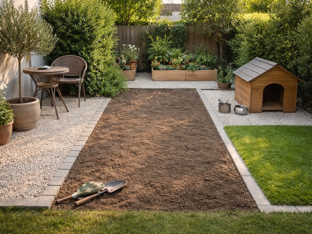 Terrasse-jardin minimal en trois zones avec préparation du sol : sol désherbé, gravillons, zone abritant un petit gazon