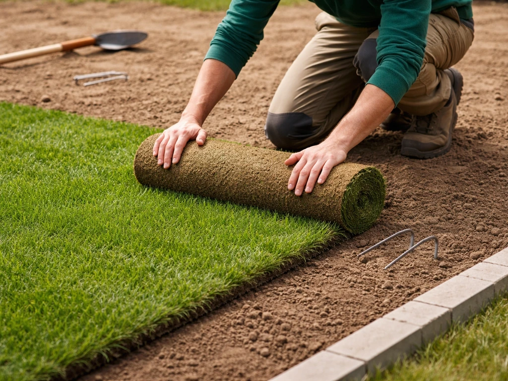 Pose de gazon : découpe ajustée et fixation aux bords sur un sol préparé, personne en tenue de jardinage.