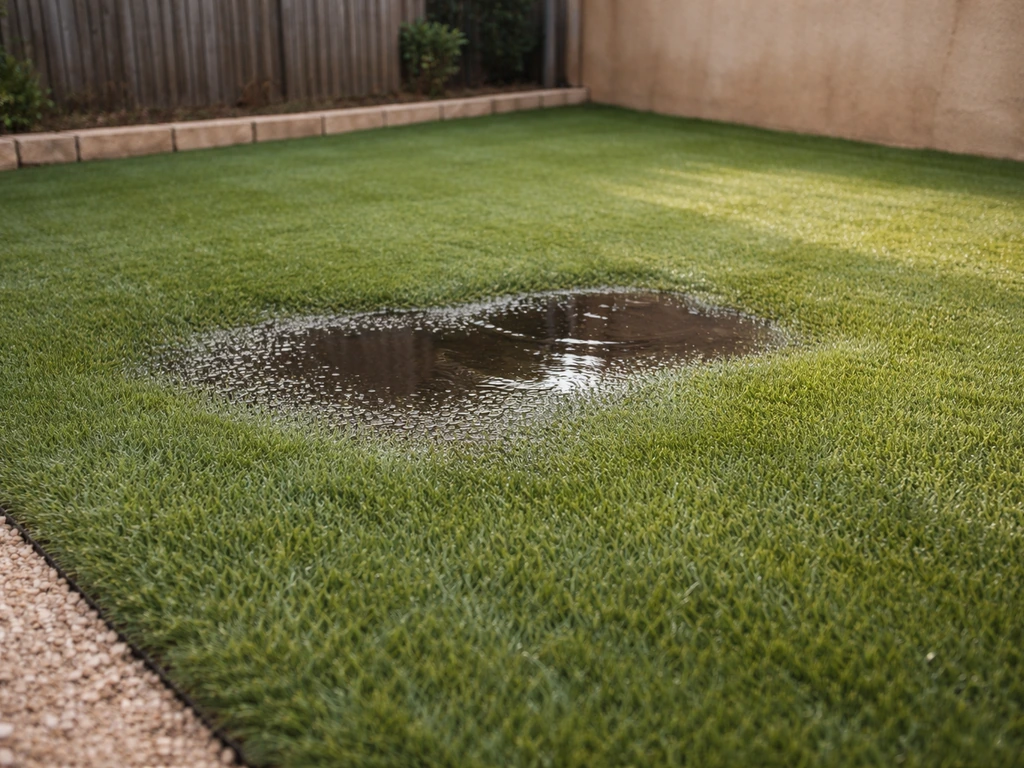 Gazon synthétique avec une zone où l’eau stagne, montrant clairement le besoin de drainage.