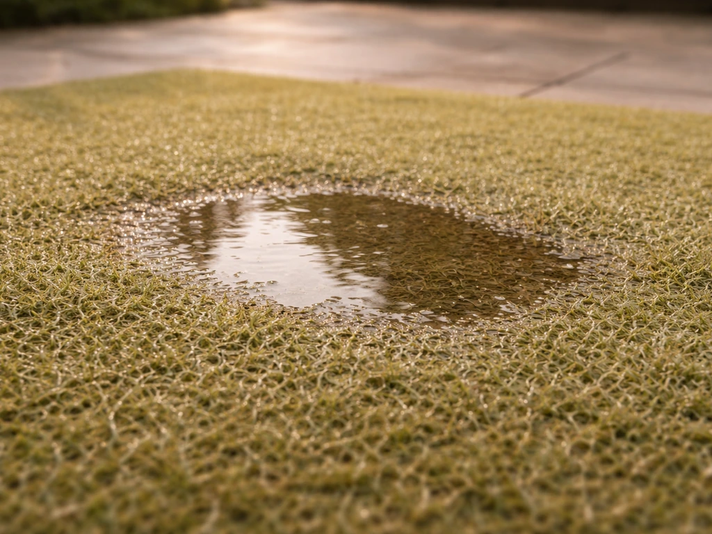 Flaque d’eau stagnante visible dans du gazon synthétique, illustrant un mauvais drainage après une pluie.