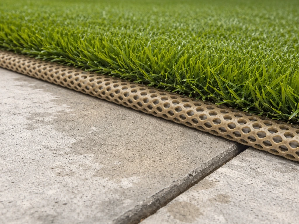 Gazon synthétique posé sur une dalle béton, avec une natte drainante alvéolée visible entre les couches.