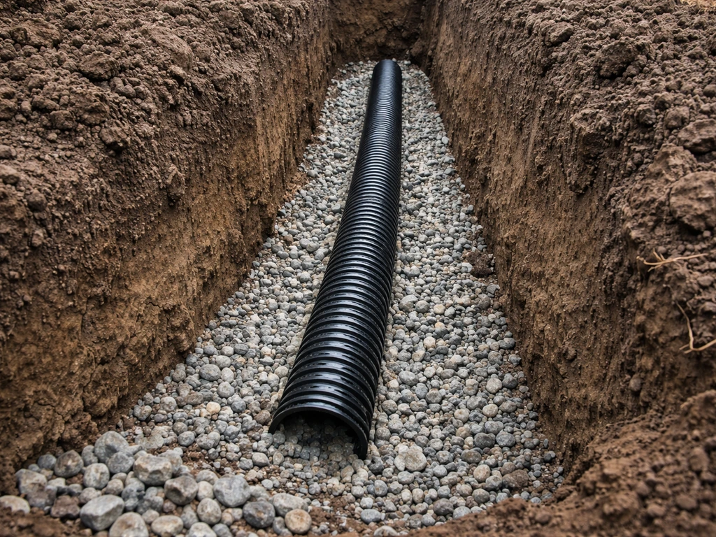 Tranchée drainante ouverte sur sol argileux, gravier drainant et tuyau de drainage en place.