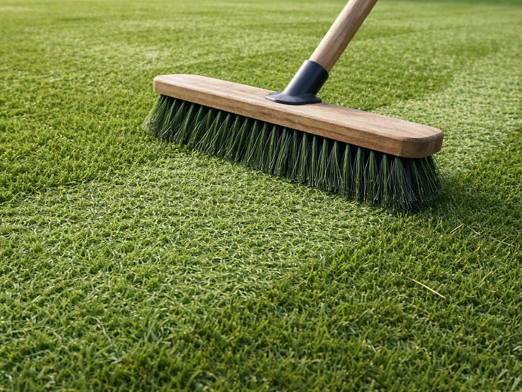 Entretien d’un gazon synthétique : brossage avec un balai à fibres dures pour relever les fibres.