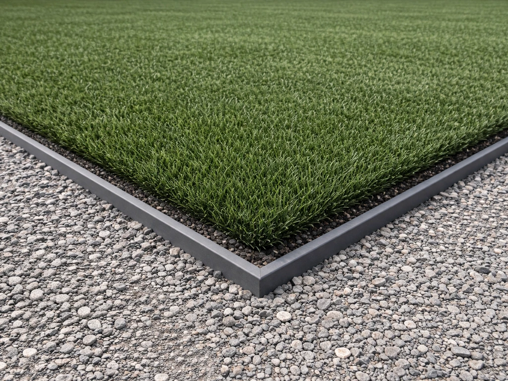 Pelouse synthétique posée sur une couche de gravier drainante, bordure nette et sol uniformément compacté
