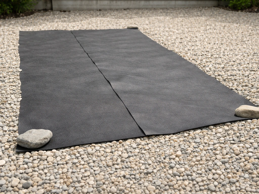 Pose d’un géotextile noir sur une base de gravier, recouvrement visible pour limiter la migration des fines.