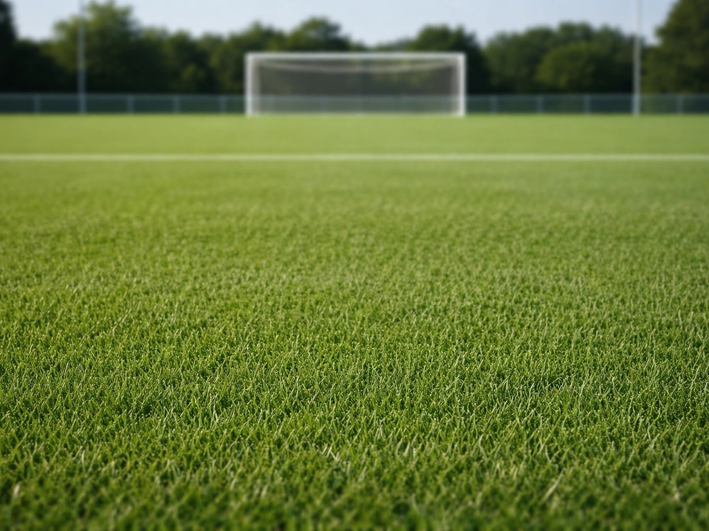 Terrain de football de club avec pelouse sportive type SYE, lignes blanches discrètes, sans joueurs ni public.