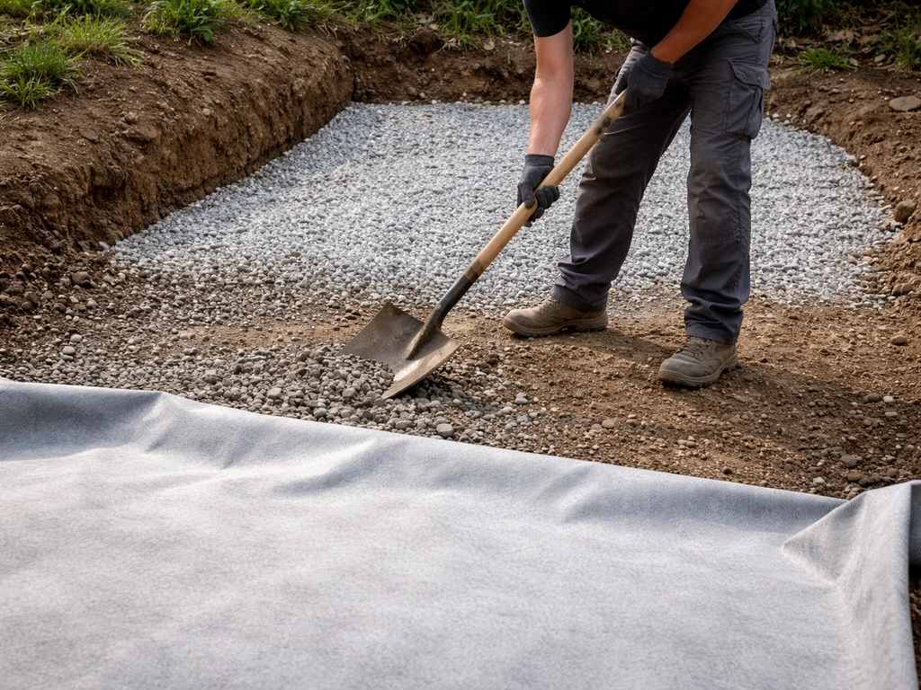 Décaissement au sol avec géotextile anti-racines, cailloux de fond et pente de drainage en préparation.
