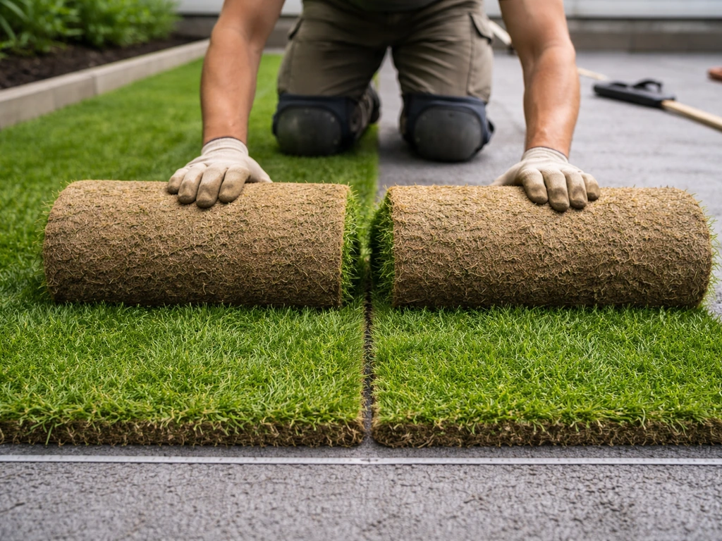 Pose de rouleaux de gazon sur une sous-couche amortissante, alignés avec soin au jardin.