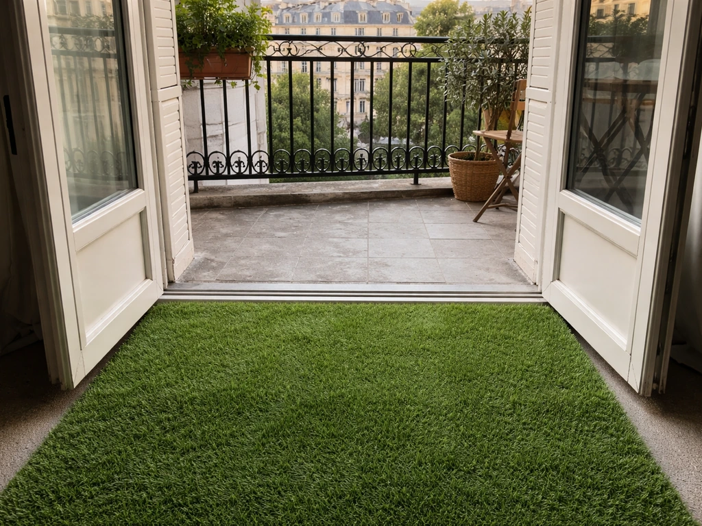 Balcon avec pelouse synthétique verte et, à côté, un ancien sol carrelé moins esthétique.