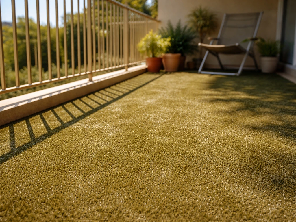 Pelouse synthétique sur un balcon en plein soleil, sols chauds et ambiance caniculaire