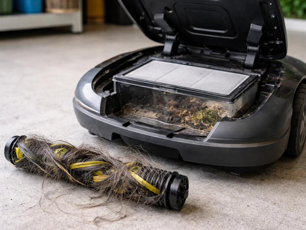 Bac/filtre ouvert et brosse rotative avec cheveux et fibres de gazon enroulées à nettoyer.