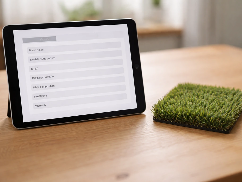 Tablette sur une table avec une page de fiche technique de gazon synthétique et un petit échantillon de brins.
