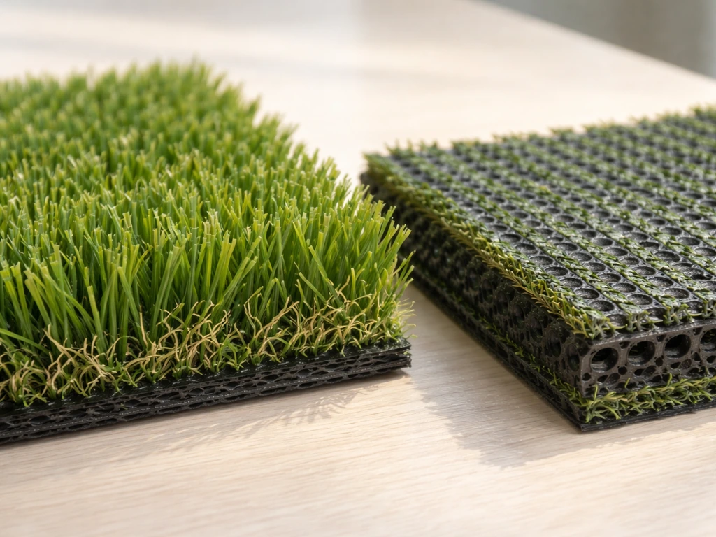 Deux vignettes côte à côte : fibres et base d’un gazon synthétique, avec détails de densité et drainage.