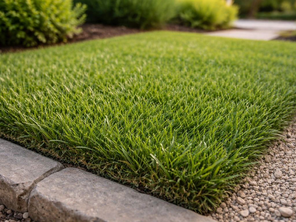 Échantillon de gazon synthétique vert, brins 35–45 mm, dans un petit jardin paysager, rendu naturel.
