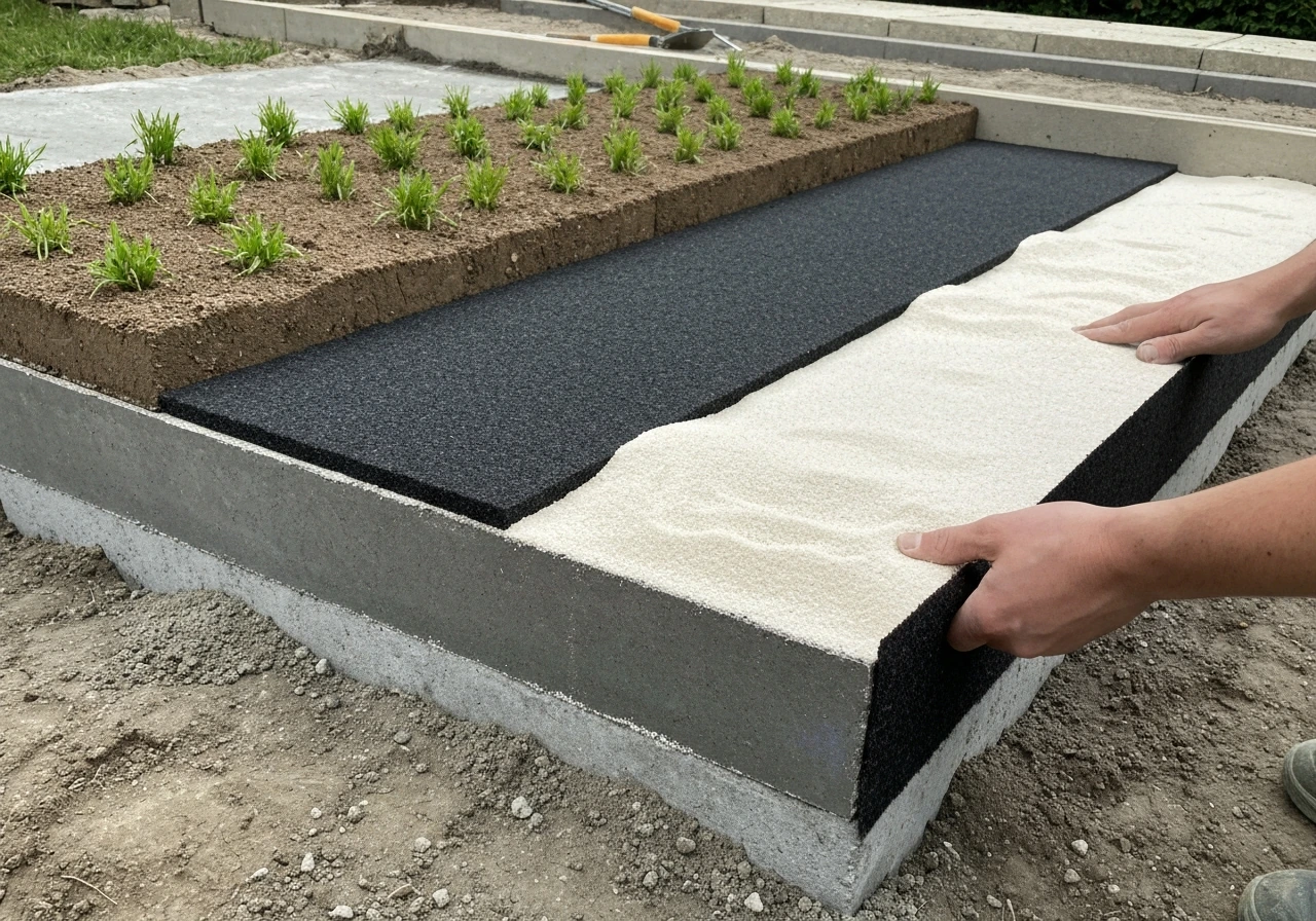 Coupe visuelle réaliste : dalle béton, géotextile, sable de rembourrage et jeunes brins d’herbe