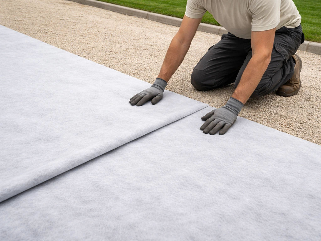 Un géotextile non-tissé est déroulé et recouvert sur un support stabilisé pour une pose de gazon.