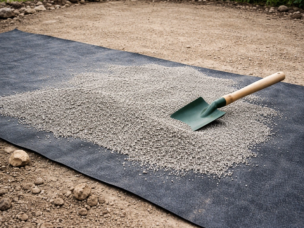 Granulat fin étalé en couche sur un stabilisé, sous un géotextile, avant la pose du gazon.