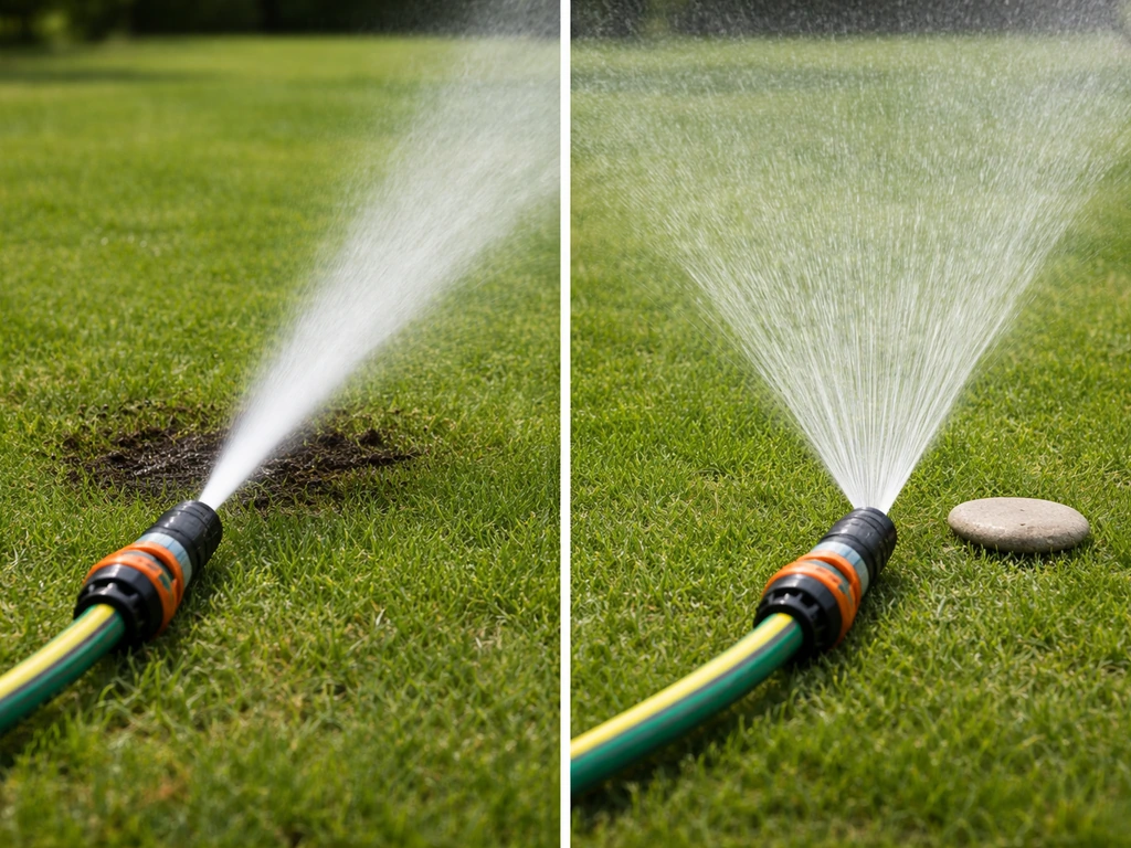 Tuyau d’arrosage comparant jet concentré abîmant le gazon vs jet en éventail couvrant sans arracher les fibres.