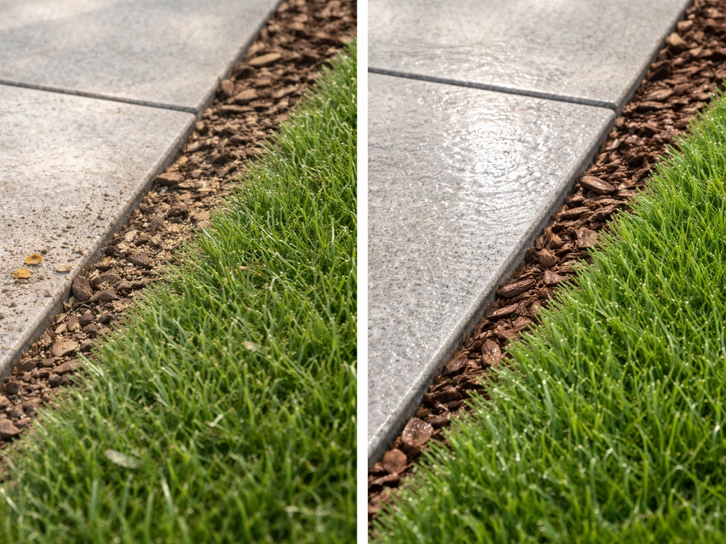 Différence avant/après sur une terrasse : fibres nettoyées, débris retirés, zone rincée et bien redressée.