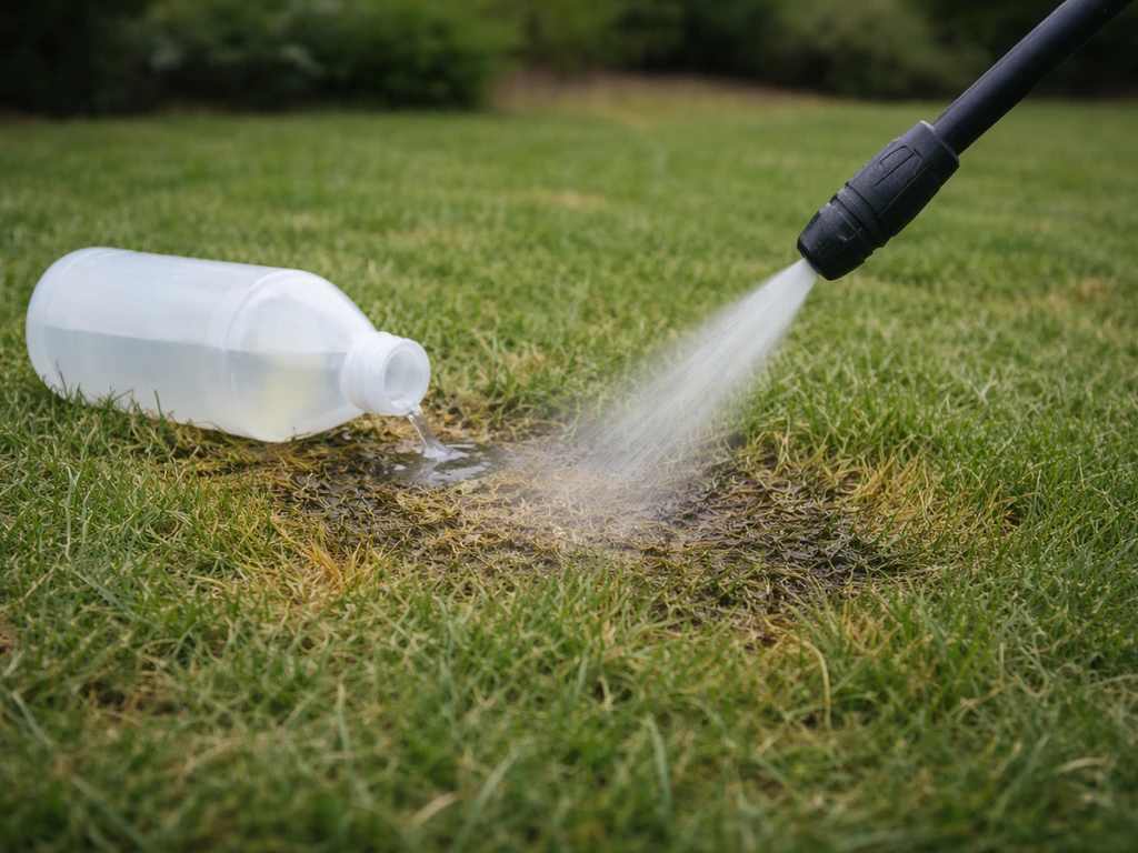 Bouteille d’eau de Javel renversée et tuyau de nettoyeur haute pression sur une pelouse abîmée, mise en garde visuelle.