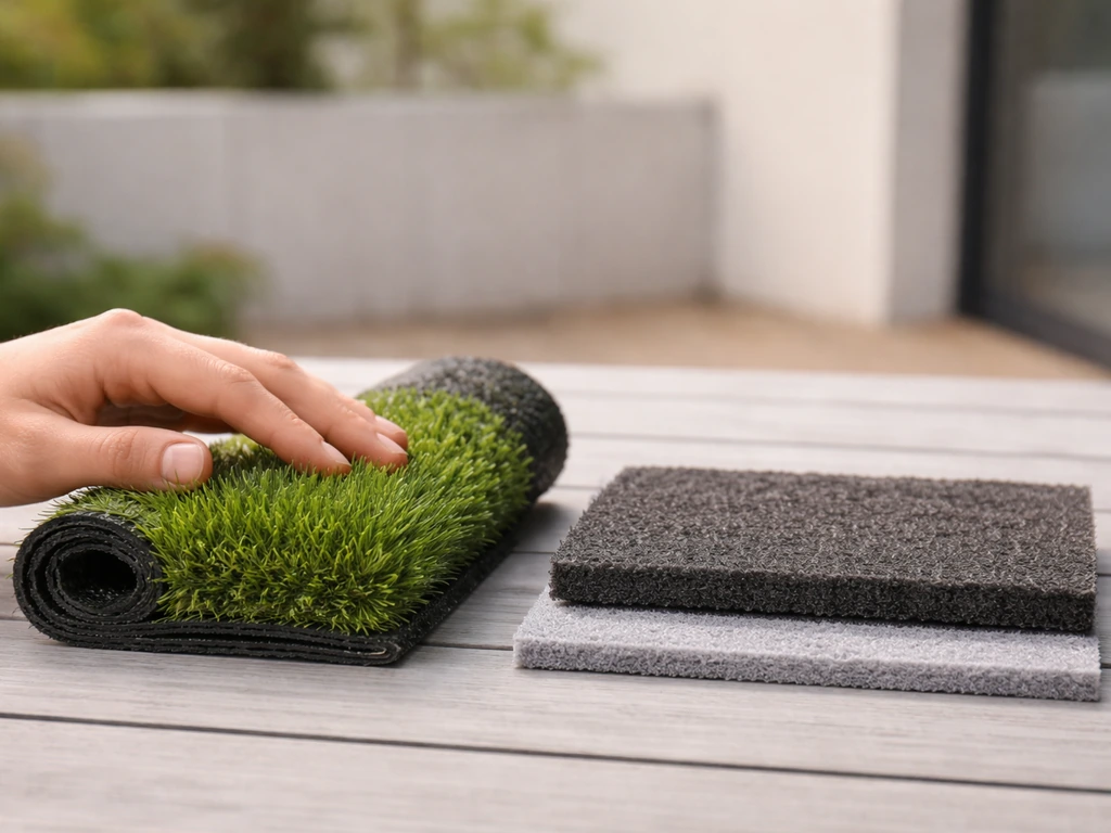 Échantillons de gazon synthétique et deux sous-couches de drainage sur une table, fibres visibles.