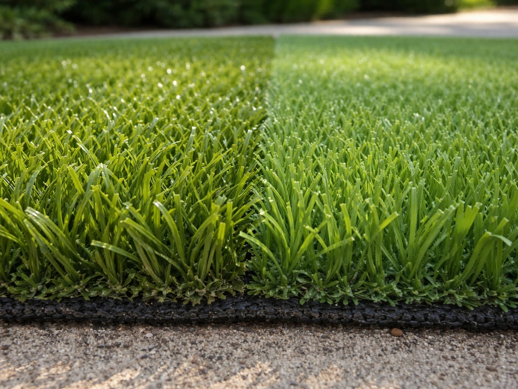 Gros plan d’un gazon synthétique neuf, fibres visibles avec une zone plus chaude et une zone fraîchement posée.