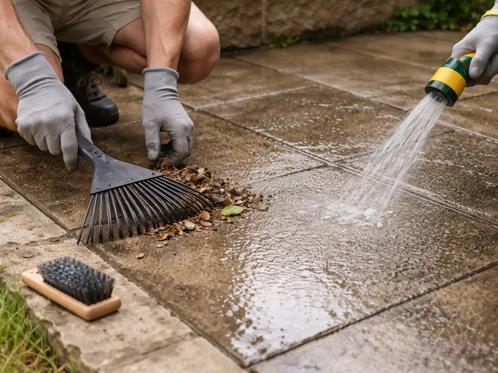 Mains au râteau souple retirant des débris puis jet d’eau rincant la surface, brosse à fibres à portée.