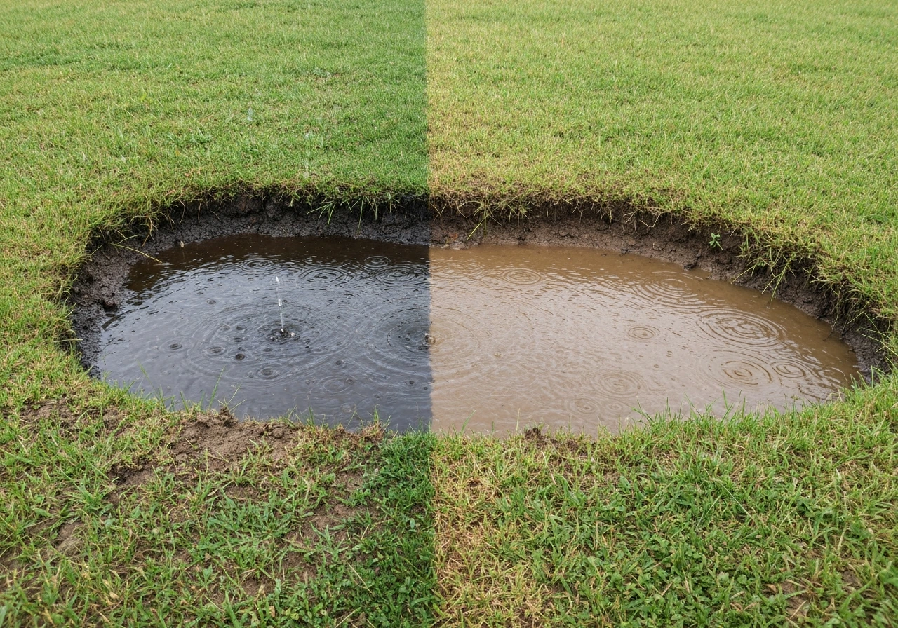 Pelouse après pluie : flaque stagnante à côté d’une zone mieux drainée, montrant le contraste d’évacuation.