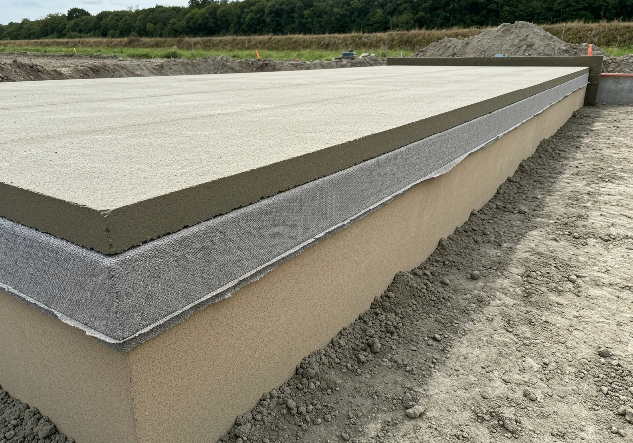 Coupe photo réaliste du sol avec chape béton, géotextile et gravier de drainage, montrant un défaut de pose.