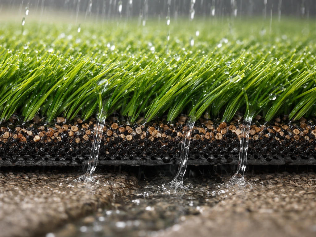 Gros plan du gazon synthétique : fibres et rembourrage montrent l’eau qui s’infiltre vers le bas.
