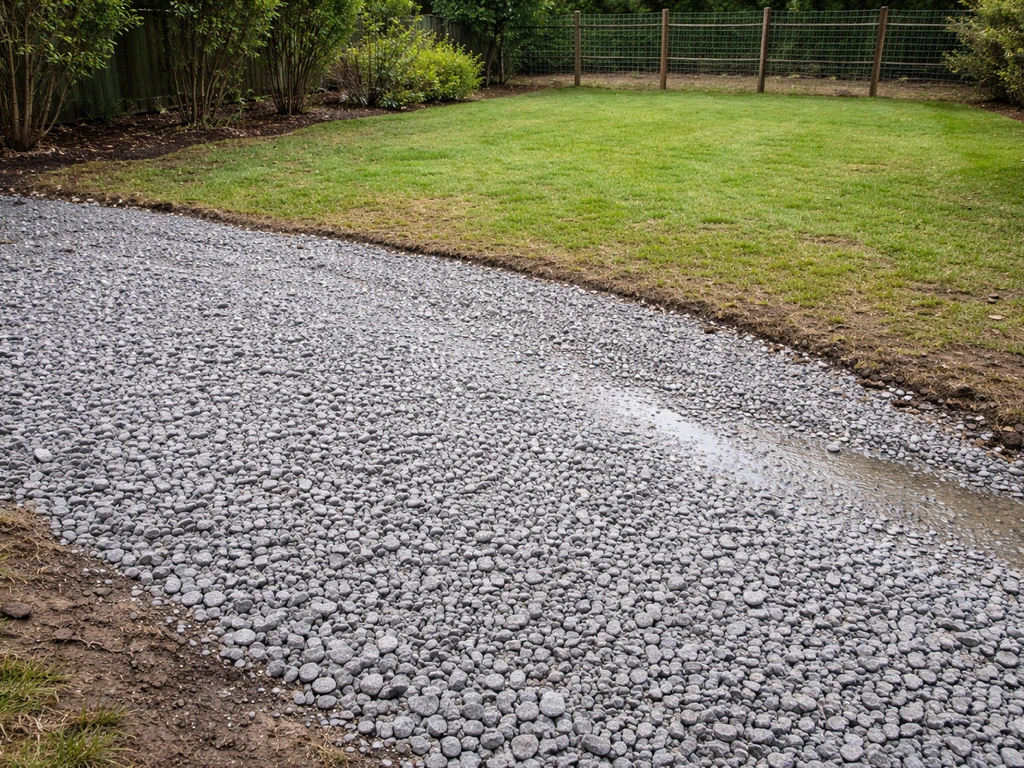Zone de terre recouverte de gravier concassé : eau d’arrosage ne stagne plus, pas de flaque.