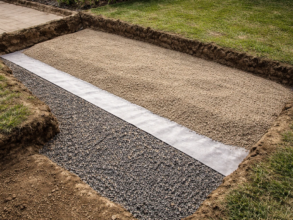 Tranchée de jardin préparée avec couche drainante et géotextile, prête à recevoir des lés de gazon.