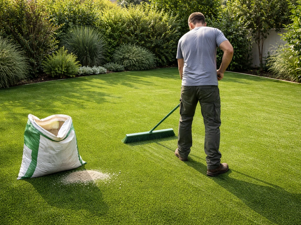 Brossage d’un gazon synthétique avec râteau, sac de rechargement à côté, jardin calme et minimal.
