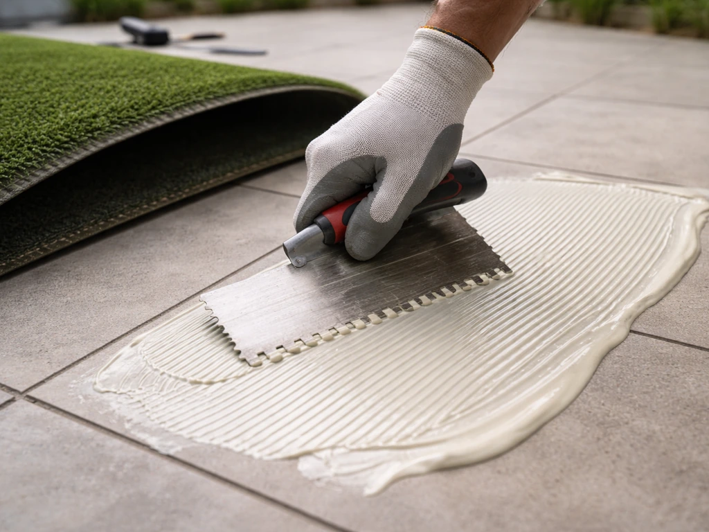 Pose de gazon synthétique : application de colle polyuréthane bi-composant au sol avec une spatule crantée