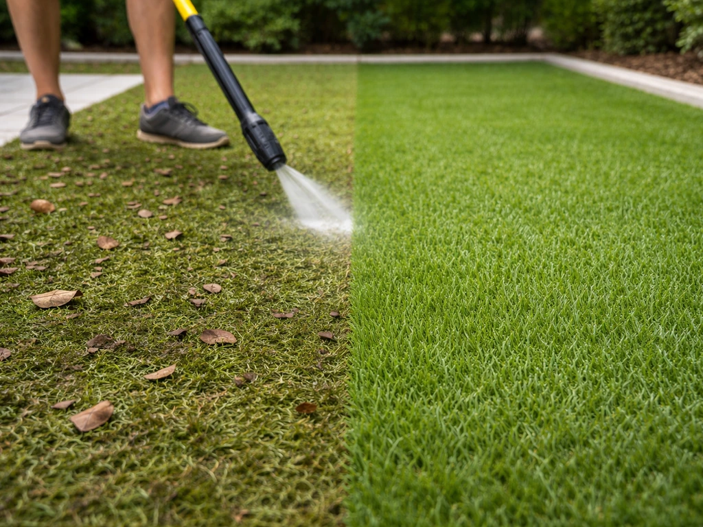 Gazon synthétique avec saletés avant/après, une personne nettoie au Karcher pour un rendu plus propre