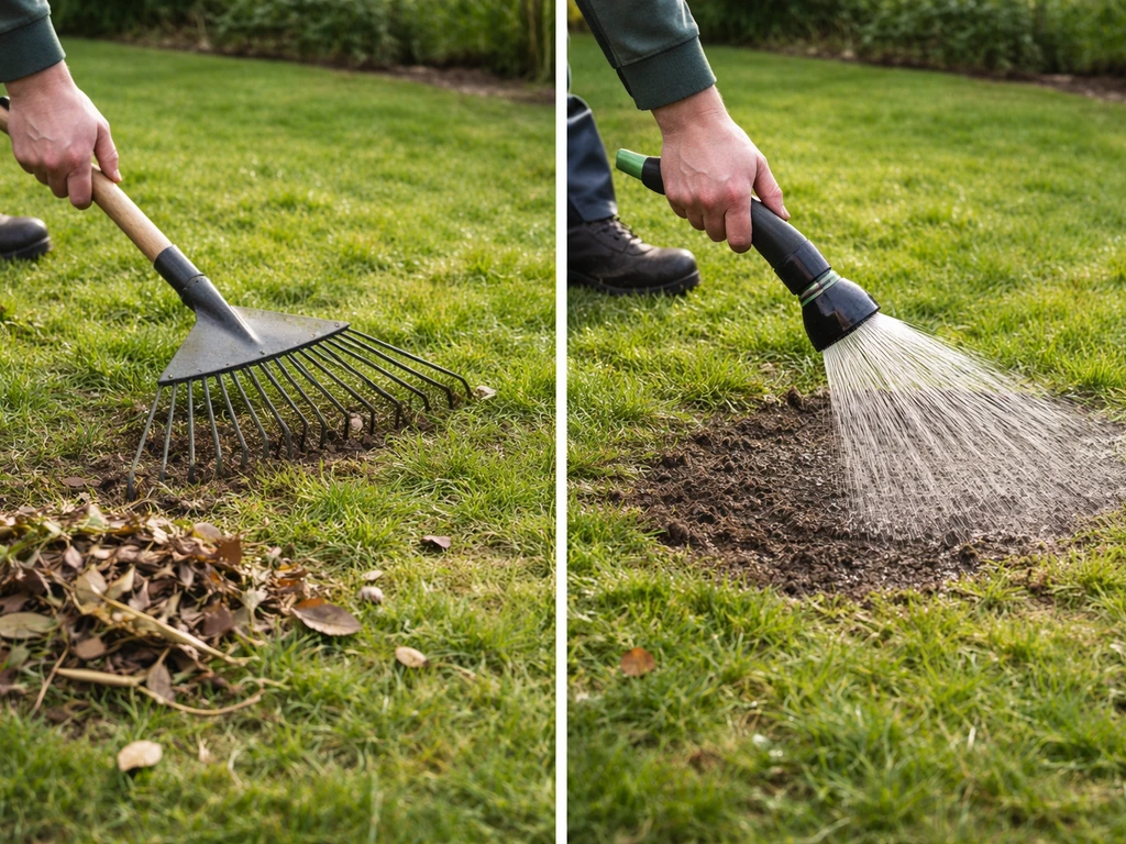 Un jardinier anonymisé racle la pelouse puis effectue une première passe au jet en éventail sur une zone préparée.