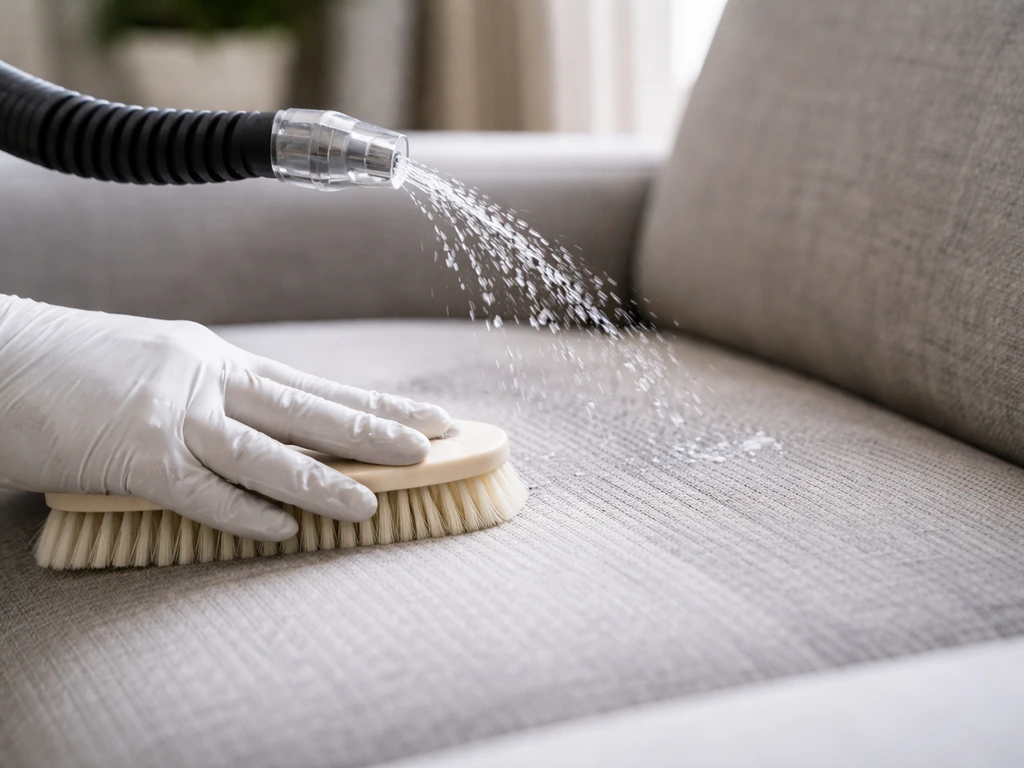 Jet d’eau claire sur un tissu d’ameublement en cours de rinçage, puis brossage pour remettre les fibres en place.