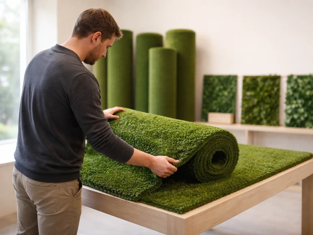 Une personne anonyme examine des rouleaux de gazon synthétique vert dans un showroom minimaliste.