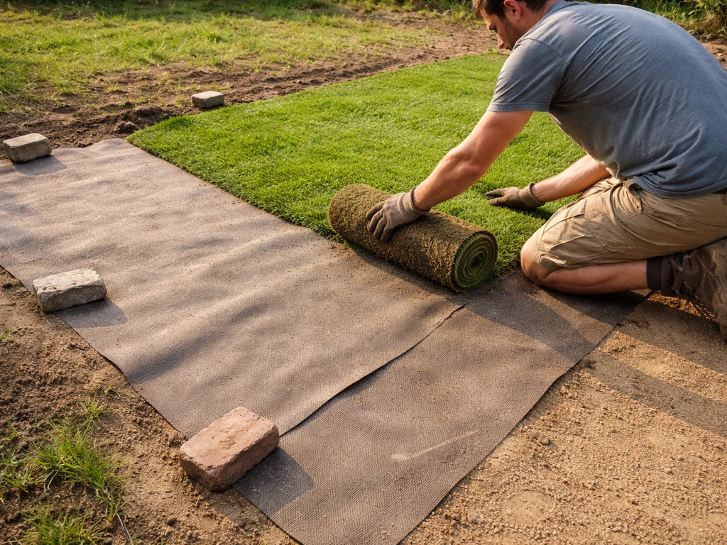 Un rouleau de gazon est déroulé sur un sol meuble, avec géotextile chevauché visible au sol.